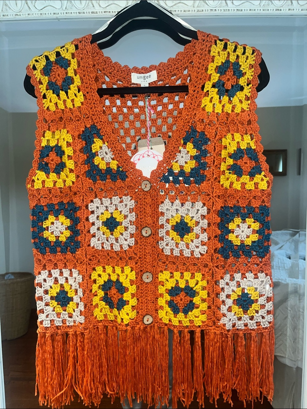 Umgee Orange Crochet Fringe Vest with Yellow, Blue & White Squares